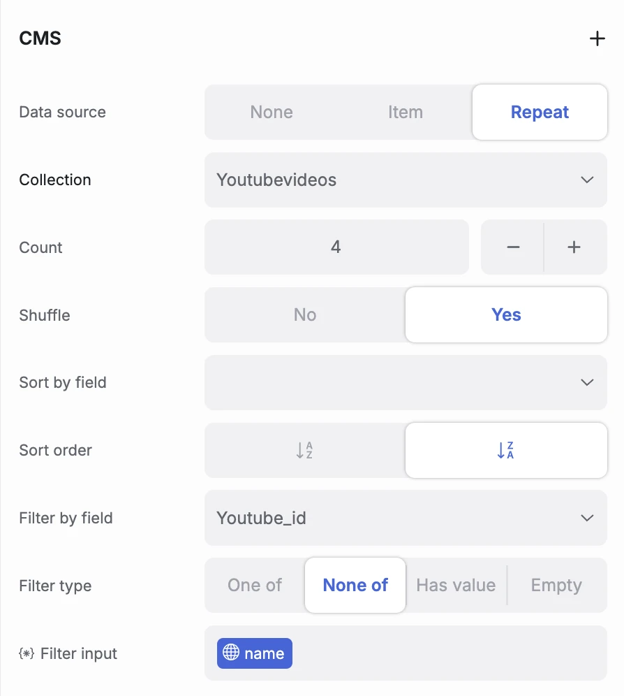 Screenshot of the CMS filters in the flipsite website editor